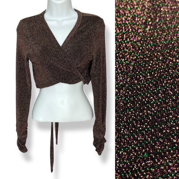 Haute Monde Wrap Top Black Sparkly Sz Medium Lurex Metallic Ruched Long Sleeves - Picture 1 of 15